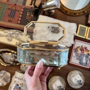 Octagonal Glass Jewelry Trinket Box with Gold Trim